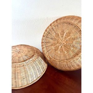 Two Vintage Hand Woven Chinese Wicker Ratan Wall Hanging Basket Boho western